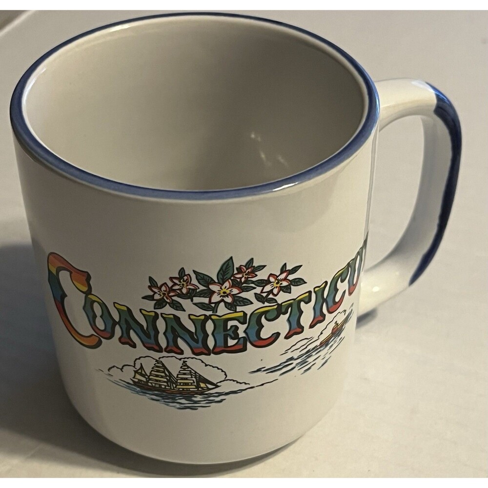 Vintage Nanco Connecticut Souvenir Ceramic Mug With Nautical,Floral Design Korea